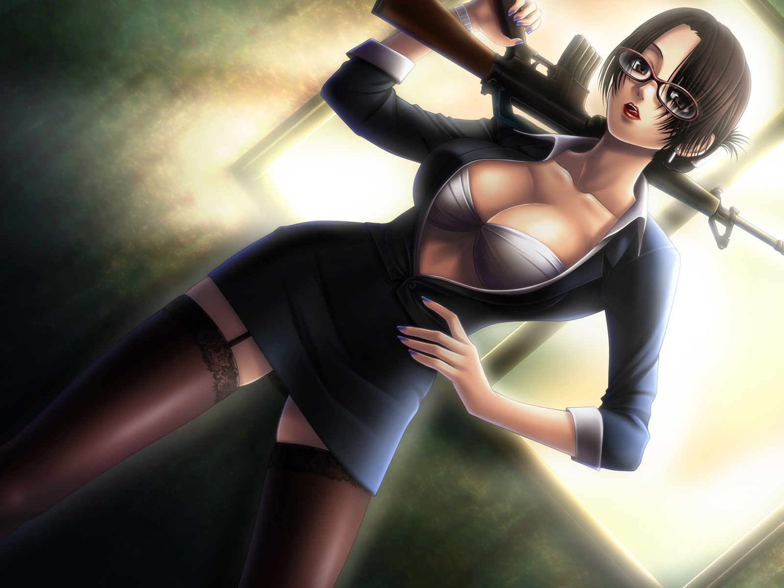 tansui nue, counter-strike, counter-strike (series), counter-strike online, counterstrike online, bad id, bad pixiv id, highres, 1girl, bra, breasts, cleavage, female focus, glasses, gun, large breasts, lingerie, rifle, short hair, solo, thighhighs, underwear, weapon