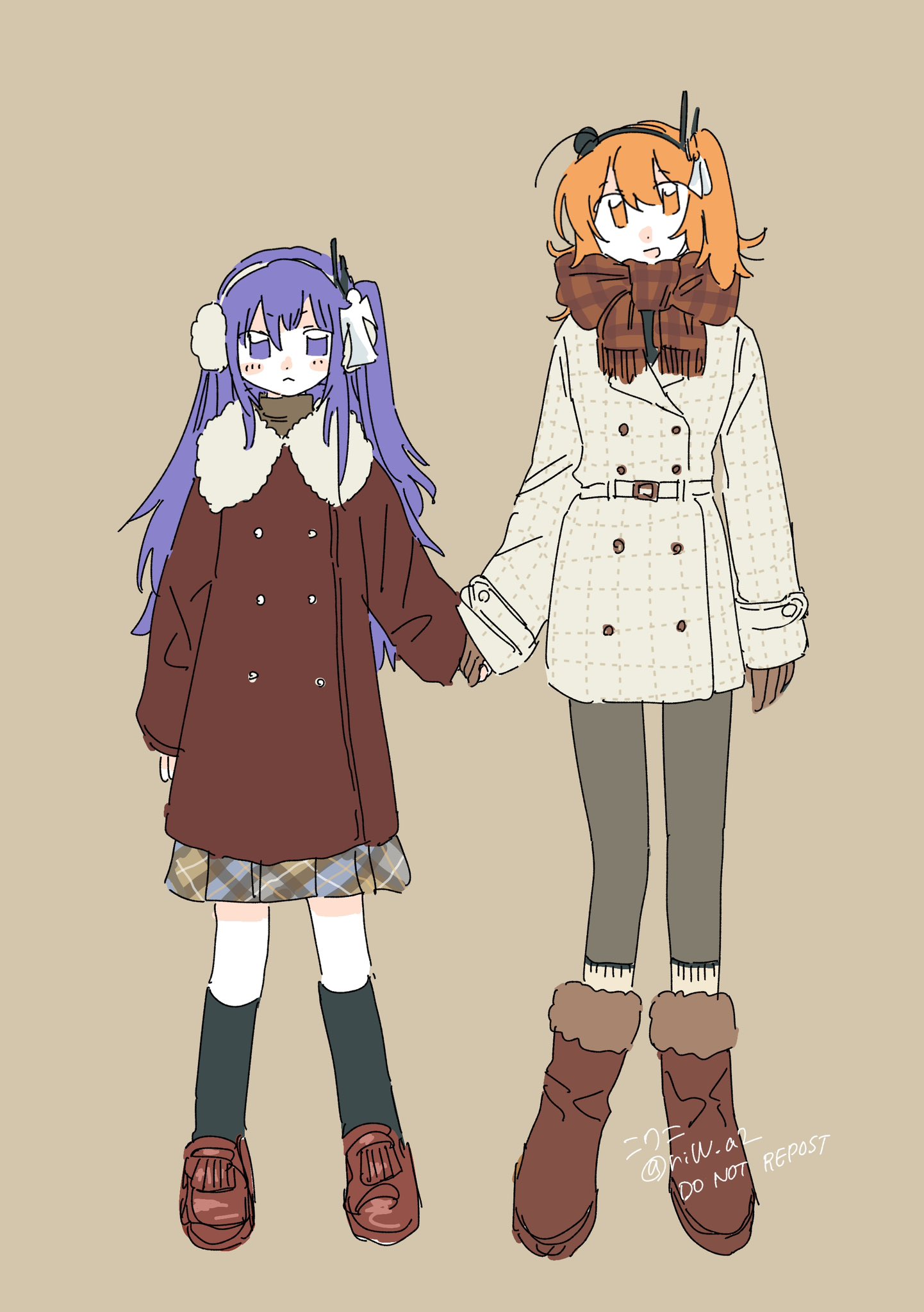 niwani (niw a2), adachi rei, tsukumo shion, a.i. voice, utau, hashtag-only commentary, highres, 2girls, :<, alternate costume, belt, black socks, boots, brown background, brown boots, brown gloves, brown scarf, buttons, coat, double-breasted, earmuffs, full body, fur-trimmed coat, fur trim, gloves, grey pantyhose, hair ornament, holding hands, kneehighs, long hair, long sleeves, looking at viewer, medium hair, multiple girls, one side up, open mouth, orange eyes, orange hair, pantyhose, plaid clothes, plaid scarf, plaid skirt, purple eyes, purple hair, scarf, shikigami, side-by-side, simple background, skirt, smile, socks, standing, twitter username, winter clothes, winter coat