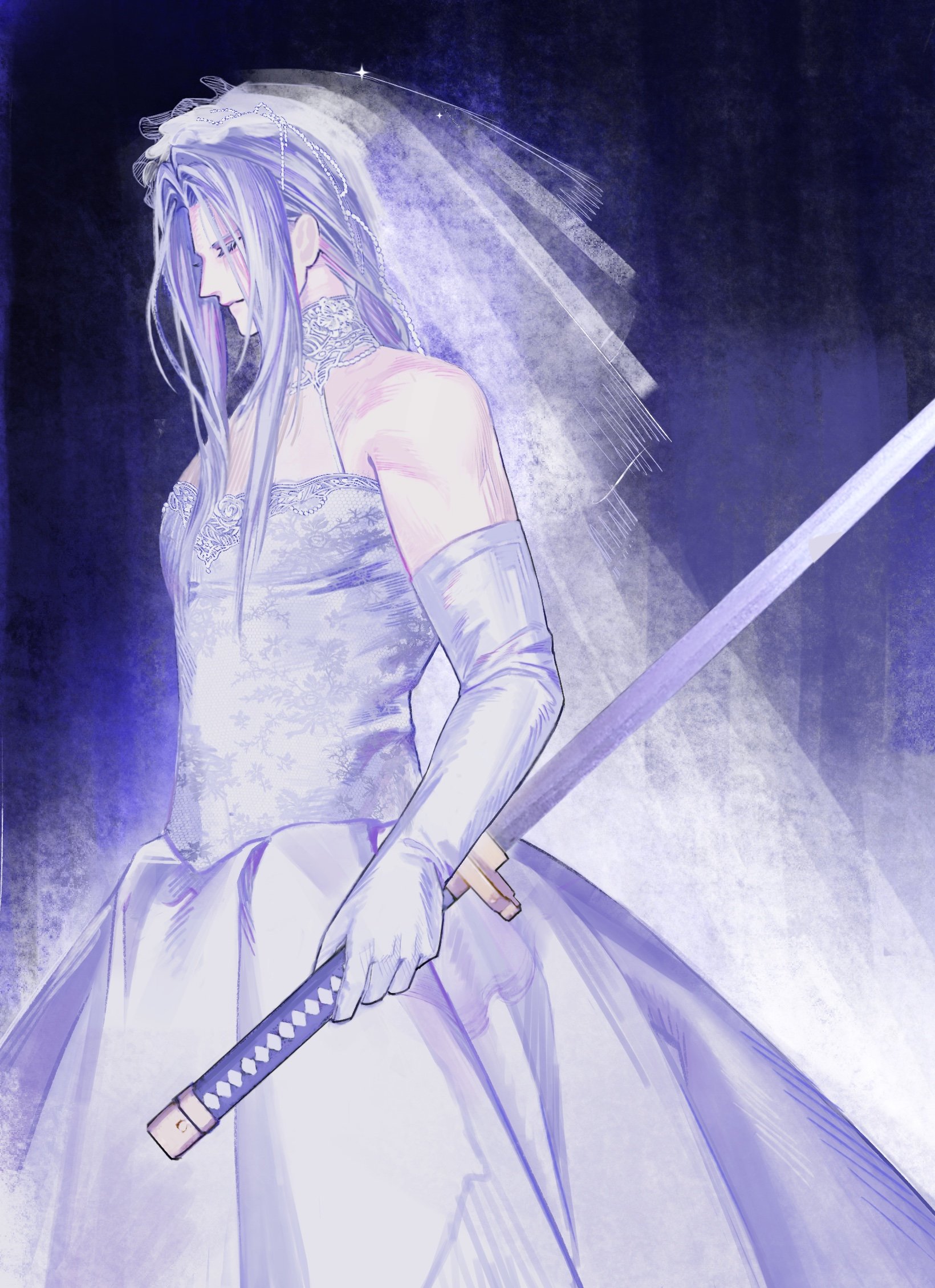 sephiroth, final fantasy, final fantasy vii, chinese commentary, commentary request, highres, 1boy, blue background, blue theme, bridal veil, bride, choker, closed eyes, cowboy shot, crossdressing, crossdressing (mtf), dress, elbow gloves, facing to the side, gloves, hair intakes, holding, holding sword, holding weapon, katana, lace, lace-trimmed dress, lace choker, lace trim, light frown, long bangs, long hair, male focus, masamune (ff7), parted bangs, sleeveless, sleeveless dress, solo, sparkle, sword, upper body, veil, weapon, wedding dress, white dress, white gloves, white hair, yiiiiiy6