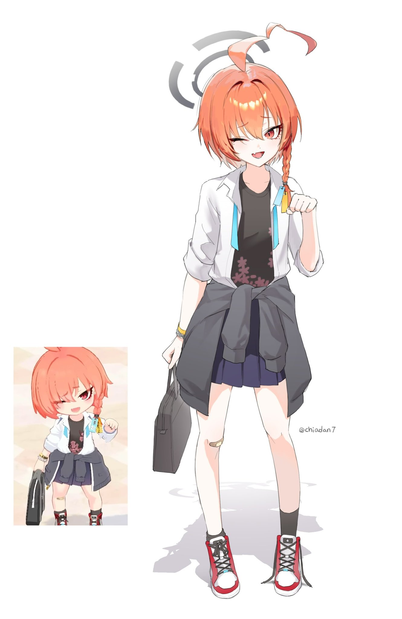 chiadan7, neru (blue archive), neru (school uniform) (blue archive), blue archive, hashtag-only commentary, highres, 1girl, ;d, bag, bandaid, bandaid on knee, bandaid on leg, black halo, black shirt, braid, collared shirt, fang, floral print shirt, hair between eyes, halo, holding, holding bag, jacket, long hair, looking at viewer, mole, mole under each eye, mole under eye, multiple moles, neck ribbon, official alternate costume, one eye closed, open mouth, orange eyes, orange hair, paw pose, pleated skirt, red shoes, ribbon, school bag, shirt, shoes, short sleeves, simple background, single braid, skin fang, skirt, smile, solo, tied jacket, twitter username, undone neck ribbon, untied shoelaces, white background, white shirt