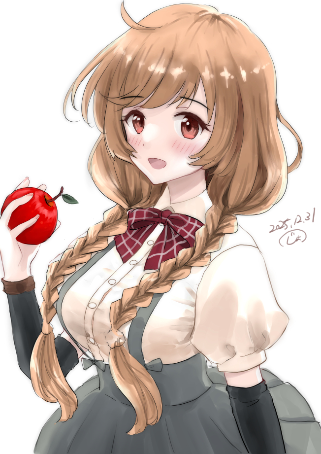 kitagawa mikio, minegumo (kancolle), kantai collection, commentary request, 1girl, apple, arm warmers, blush, bow, bowtie, braid, breasts, brown hair, cloud hair ornament, dated, food, fruit, grey skirt, large breasts, long hair, looking at viewer, low twin braids, open mouth, plaid bow, plaid bowtie, plaid clothes, red bow, red bowtie, red eyes, shirt, skirt, solo, suspender skirt, suspenders, twin braids, upper body, white background, white shirt