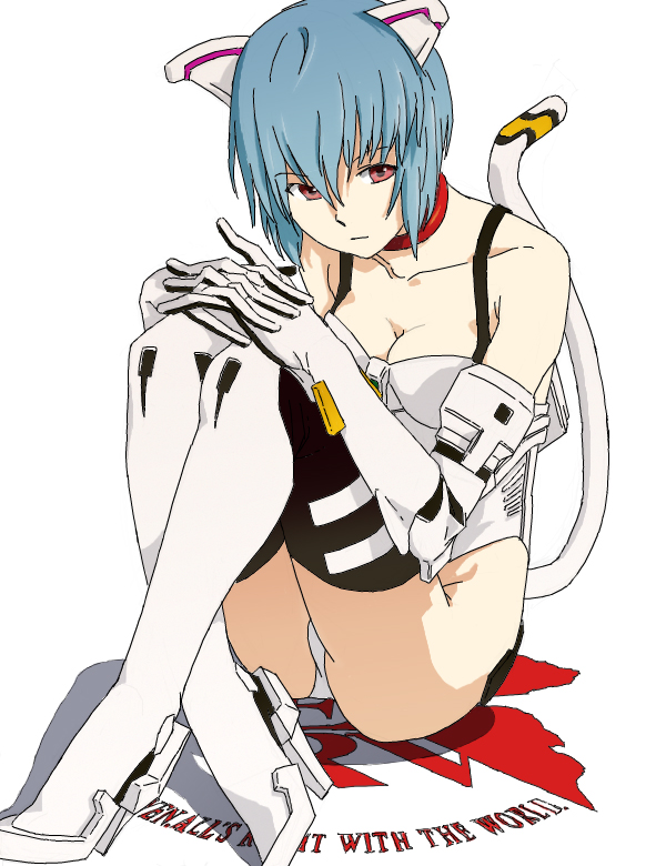 illuminate7, sukezou, ayanami rei, neon genesis evangelion, bad id, bad pixiv id, 1girl, animal ears, bare legs, blue hair, cat ears, cat tail, fake animal ears, female focus, kemonomimi mode, legs, mecha pilot suit, plugsuit (evangelion), red eyes, short hair, sitting, solo, super plugsuit (evangelion), tail, thighhighs