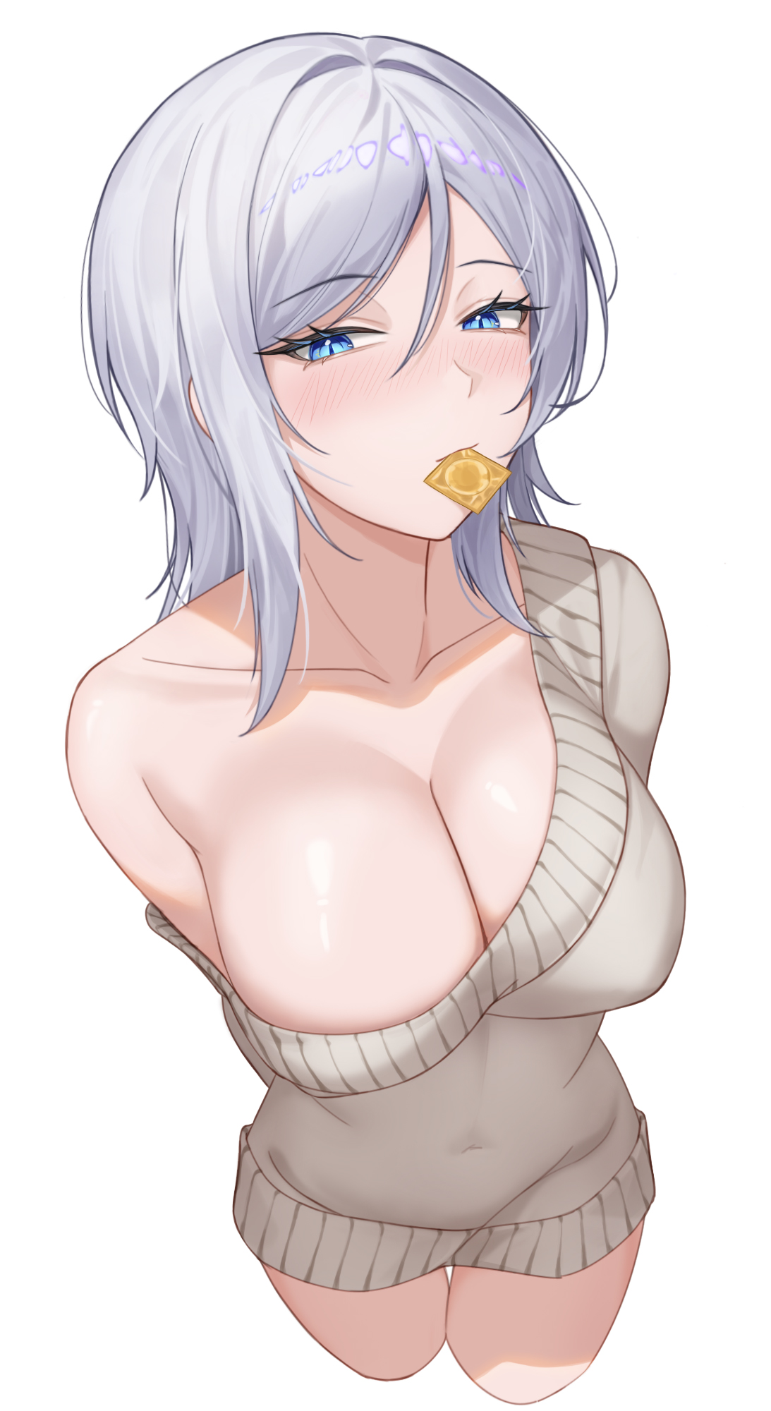 zerobig, faust (project moon), limbus company, project moon, commentary, english commentary, highres, 1girl, blue eyes, breasts, cleavage, collarbone, condom, condom in mouth, grey hair, hair between eyes, large breasts, light blush, looking at viewer, mouth hold, simple background, sweater
