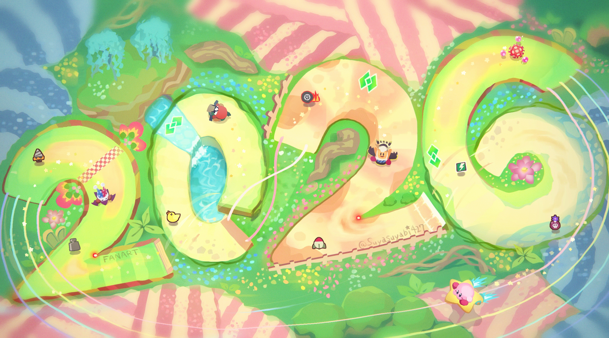 suyasuyabi, chef kawasaki, kirby, marx (kirby), waddle doo, kirby (series), kirby air ride, kirby air riders, nintendo, commentary request, highres, 2026, day, finish line, flower, grass, hat, no humans, outdoors, pink flower, racetrack, red hat, twitter username