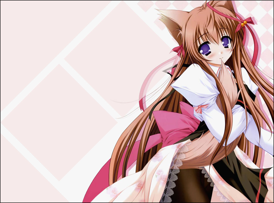 moekibara fumitake, mito mashiro, tayutama, 00s, animal ears, bell, blush, brown hair, hair ornament, hair ribbon, jingle bell, long hair, purple eyes, ribbon, solo, tail