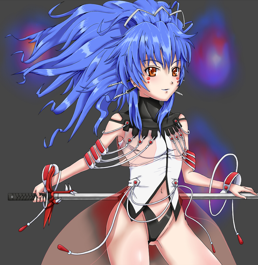yoshida keiji, alfimi, banpresto, super robot wars, super robot wars og saga mugen no frontier, super robot wars og saga mugen no frontier exceed, blue hair, brown eyes, facial mark, lipstick, long hair, makeup, navel, see-through clothes, sword, weapon