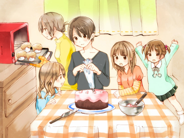 yoshioka mitsuko, original, bad id, bad pixiv id, 5girls, o/, arms up, baking, cake, child, egg beater, food, hair bobbles, hair ornament, icing, kindergarten, kindergarten uniform, multiple girls, outstretched arms, pastry, short hair, short twintails, smile, table, tray, twintails, whisk