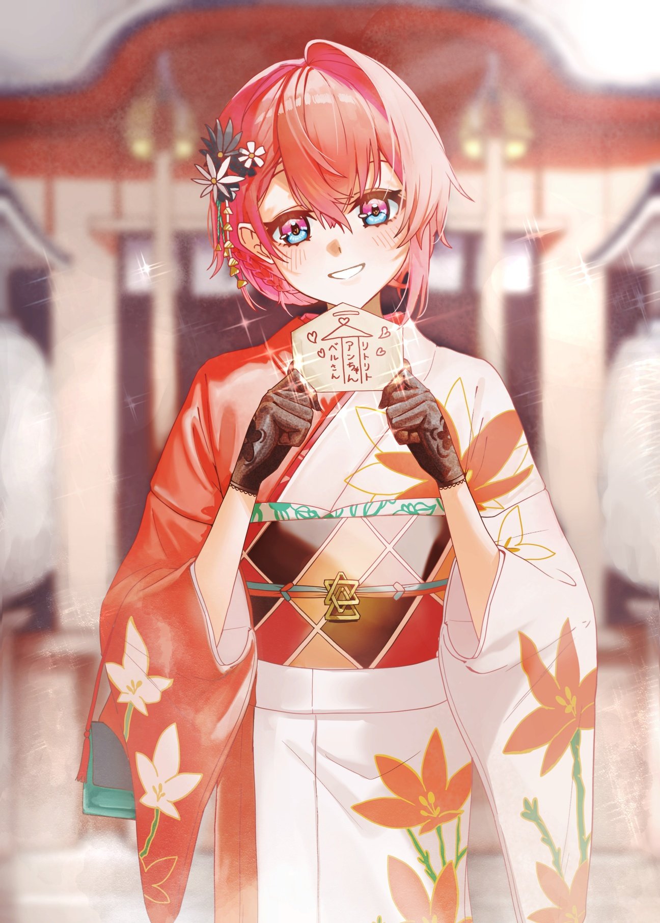 doidamon, ange katrina, ange katrina (new year), nijisanji, commentary, commentary request, english commentary, highres, mixed-language commentary, translation request, 1girl, ai ai gasa, black flower, black gloves, black sash, blue eyes, blurry, blurry background, blush, cowboy shot, ema, floral print, floral print gloves, floral print kimono, flower, gloves, grin, hair between eyes, hair ornament, hands up, head tilt, holding ema, japanese clothes, kanzashi, kimono, looking at viewer, multicolored eyes, multicolored sash, new year, obi, obiage, obidome, obijime, orange sash, print kimono, purple eyes, red kimono, red sash, sash, single hair intake, smile, solo, sparkle, straight-on, tsumami kanzashi, two-tone eyes, virtual youtuber, white flower, white kimono