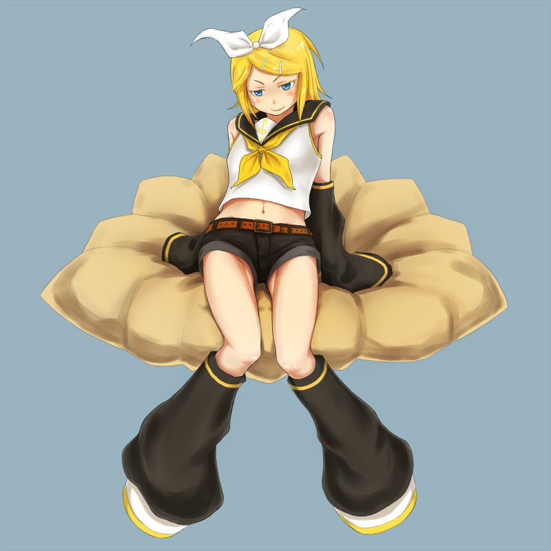 jaco, kagamine rin, vocaloid, 1girl, blonde hair, female focus, full body, hair ornament, hair ribbon, hairclip, midriff, naughty face, ribbon, short hair, shorts, simple background, smile, solo