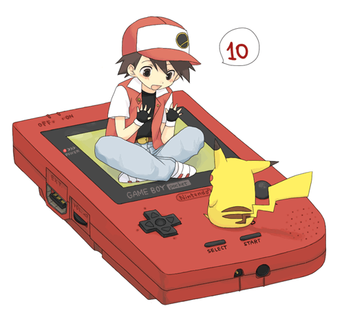 pikachu, red (pokemon), nintendo, pokemon, lowres, 1boy, baseball cap, chibi, game boy, game boy (original), game boy pocket, gen 1 pokemon, handheld game console, hat, mini person, miniboy, pokemon (creature), simple background, speech bubble, white background