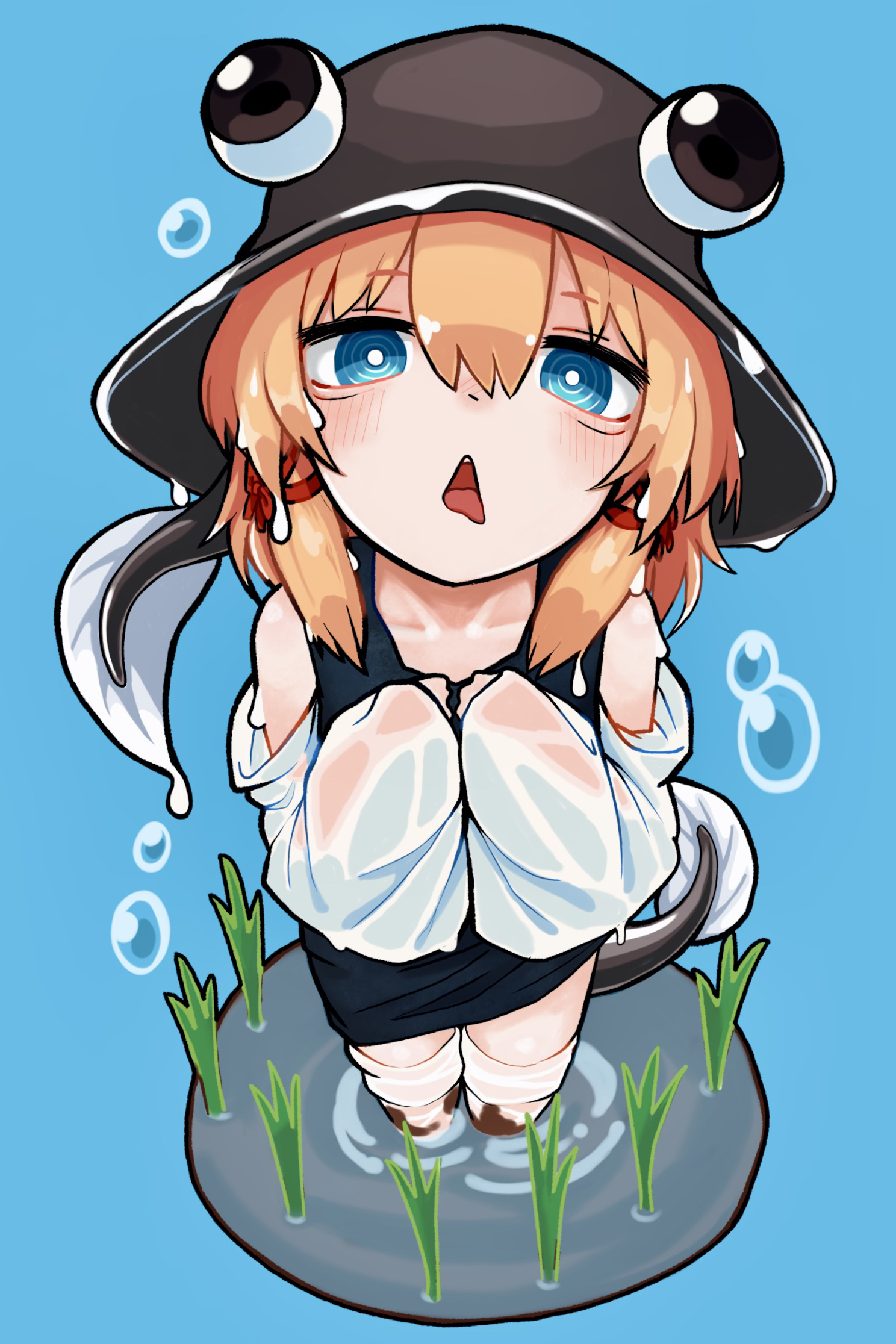 neritch, moriya suwako, touhou, commentary request, highres, 1girl, blonde hair, blue background, blue eyes, blue skirt, blue vest, blush, brown hat, collarbone, detached sleeves, hair ribbon, hat, looking at viewer, red ribbon, ribbon, ringed eyes, skirt, solo, tadpole tail, tail, tongue, tongue out, vest, wet, white sleeves, wide sleeves