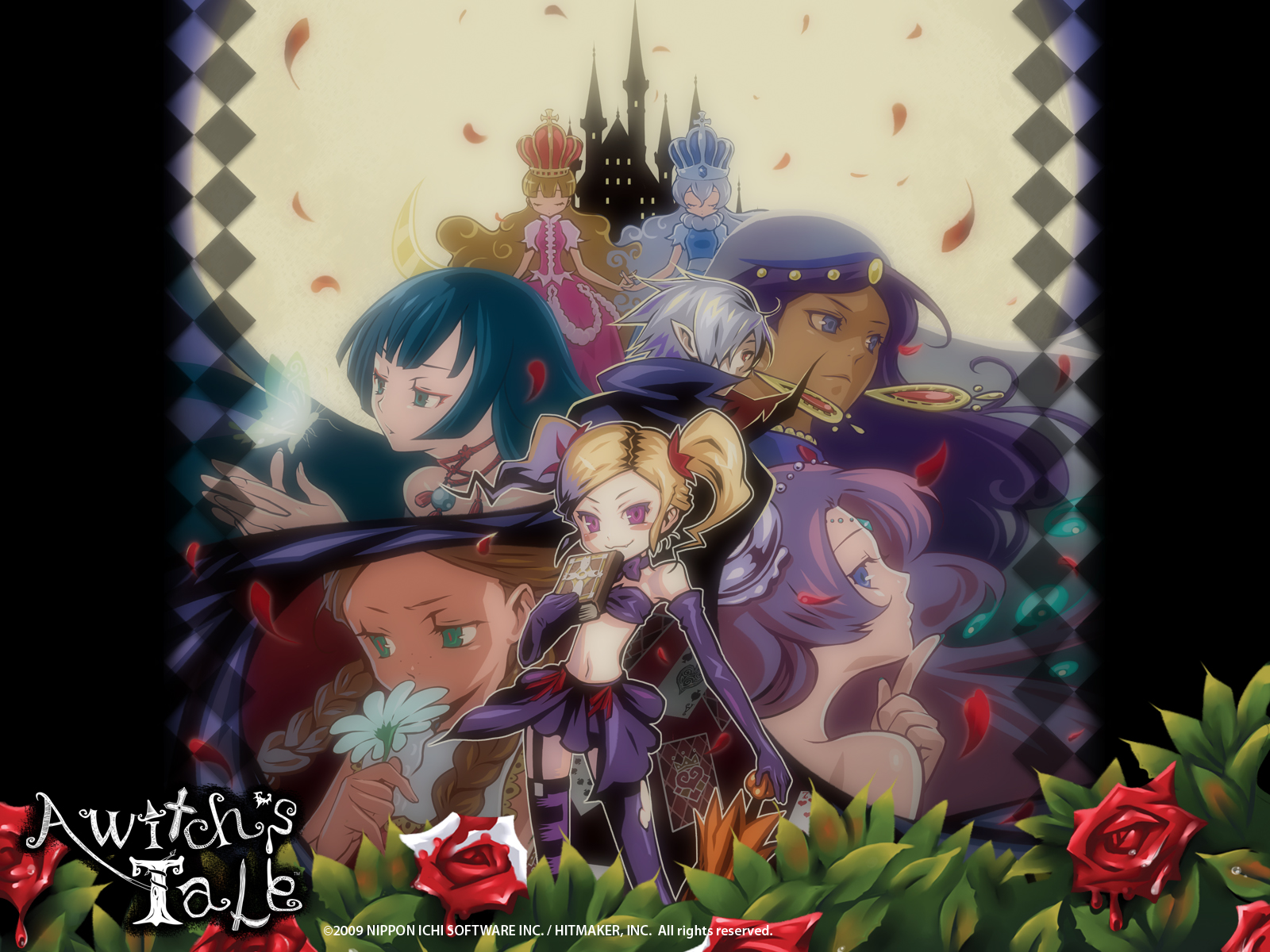 taniel, aquell, dorothy (witch tale), gretel (witch tale), hansel (witch tale), kaguya (witch tale), liddell, loue (witch tale), lyra (witch tale), nippon ichi, witch tale: minarai majo to 7nin no hime, annotated, highres, 1boy, 6+girls, multiple girls, twintails, umbrella