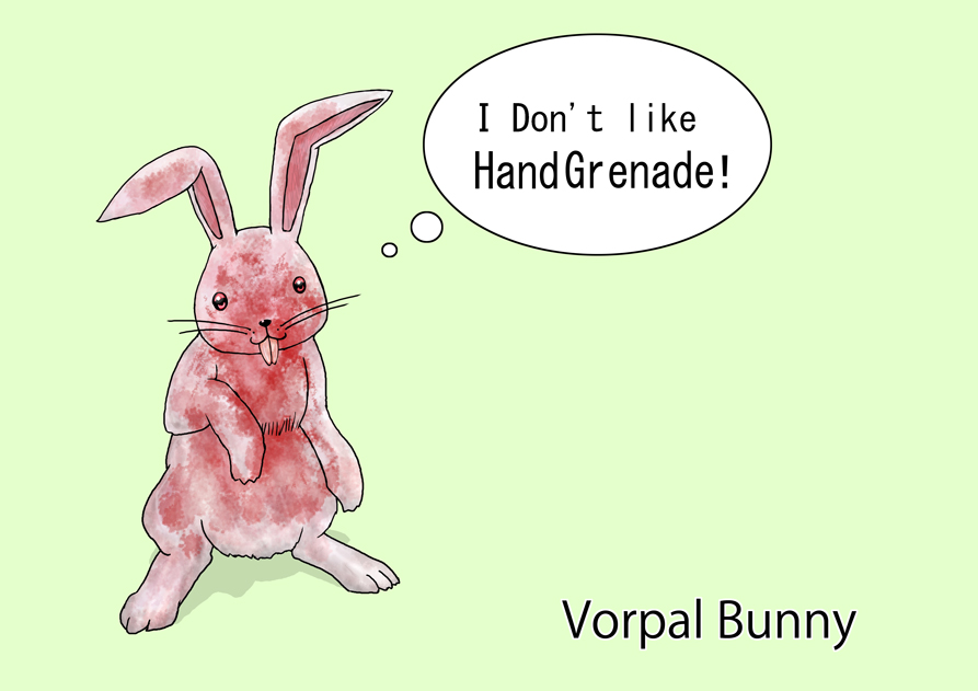 nekotarou, killer rabbit of caerbannog, monty python, blood, english text, explosive, grenade, no humans, rabbit, vorpal bunny