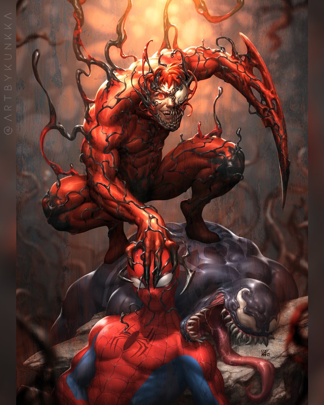 kunkka, carnage (marvel), spider-man, venom (marvel), marvel, spider-man (series), comic cover, commentary, english commentary, highres, official art, 3boys, bodysuit, covered abs, glowing, glowing eye, grabbing another's head, grin, implied after fight, looking at viewer, male focus, monster boy, multiple boys, muscular, muscular male, open mouth, red eyes, saliva, saliva trail, sharp teeth, sitting, sitting on person, slime boy, smile, spider web print, squatting, superhero costume, symbiote, teeth, tongue, tongue out, twitter username