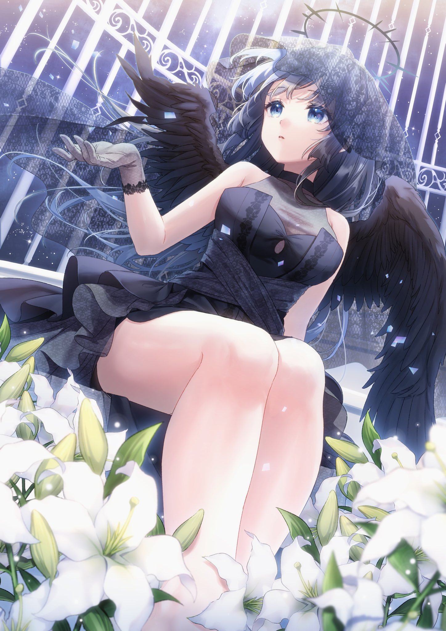 masuishi kinoto, original, white lily, commentary request, highres, 1girl, angel, angel wings, bare arms, bare legs, bare shoulders, birdcage, black dress, black veil, black wings, blue background, blue eyes, blue hair, blue halo, breasts, cage, confetti, dress, dutch angle, feathered wings, flower, from below, gloves, gradient background, grey gloves, halo, halter dress, halterneck, hand up, in cage, legs, legs together, light particles, lily (flower), long hair, looking to the side, medium breasts, parted lips, sidelocks, sitting, sleeveless, sleeveless dress, solo, sparkle, spiked halo, veil, white flower, wings