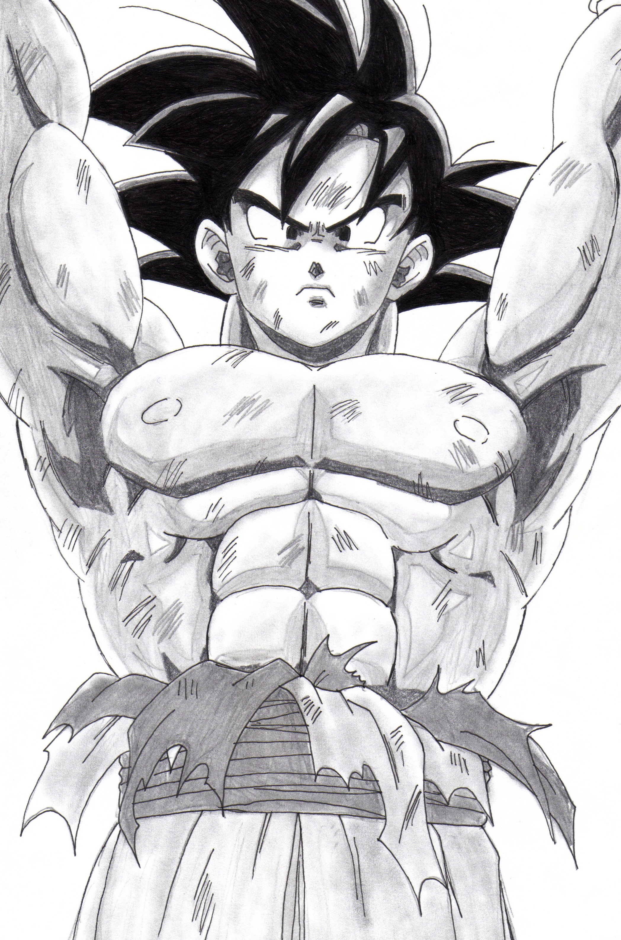 son goku, dragon ball, dragonball z, absurdres, highres, 1boy, :<, abs, black hair, greyscale, male focus, manly, monochrome, muscular, solo, torn clothes