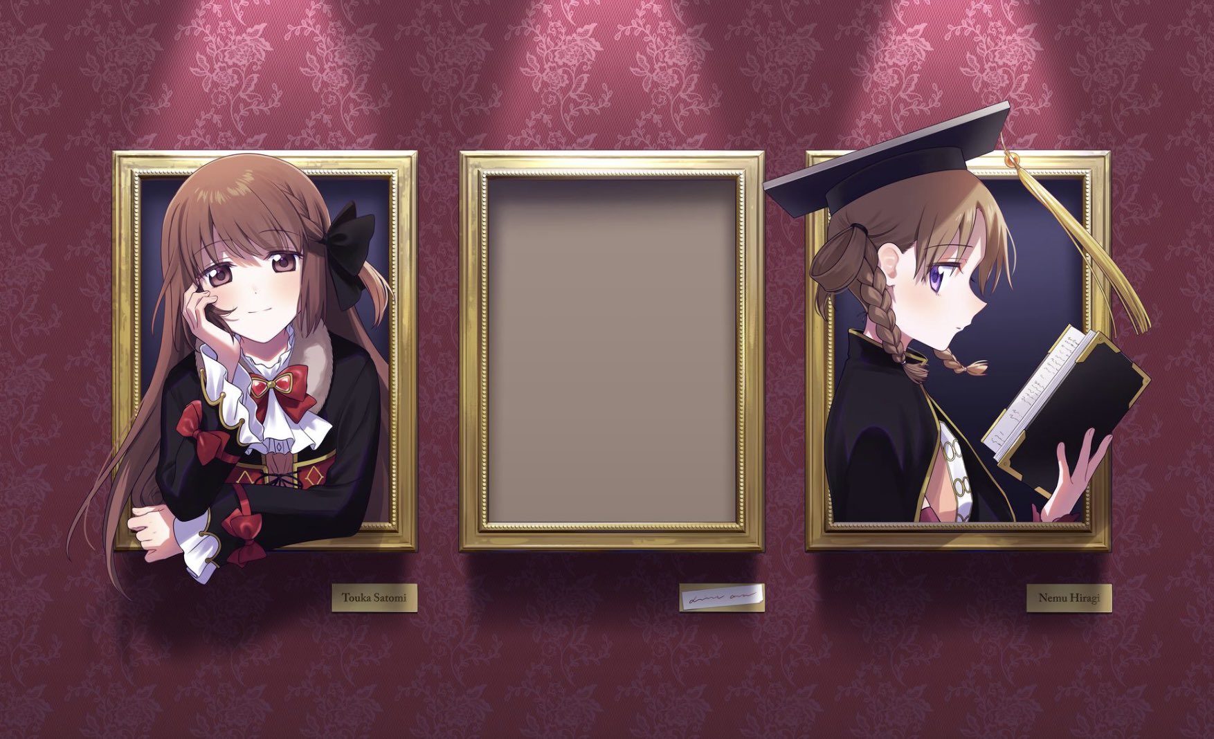 fuji fujino, hiiragi nemu, satomi touka, magia record: mahou shoujo madoka magica gaiden, mahou shoujo madoka magica, commentary request, highres, 2girls, ascot, black bow, black cloak, black dress, black hat, book, bow, bowtie, braid, brooch, brown eyes, brown hair, character name, classic lolita, cloak, closed mouth, collared cloak, corset, cropped torso, detached sleeves, diamond print, dot nose, dress, expressionless, floral background, frilled sleeves, frills, fur-trimmed dress, fur trim, gem, hair bow, hair over shoulder, hair rings, hair tie, hand on own cheek, hand on own face, happy, hat, hat tassel, high collar, holding, holding book, jewelry, light blush, lolita fashion, long hair, long sleeves, magical girl, mortarboard, multiple girls, one side up, open book, orange shirt, parted lips, picture frame, pointy nose, print corset, purple eyes, red background, red bow, red bowtie, red corset, red gemstone, red sleeves, shirt, side braids, single braid, sleeve bow, smile, spotlight, through medium, through painting, twin braids, two-tone shirt, upper body, very long hair, white ascot, white shirt