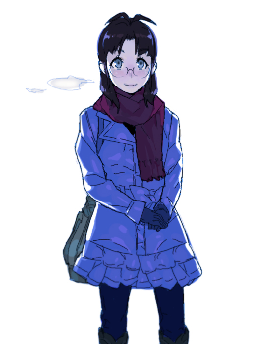 hamanasu, akizuki ritsuko, idolmaster, idolmaster (classic), bad id, bad pixiv id, 00s, 1girl, alternate hairstyle, antenna hair, bag, coat, female focus, glasses, gloves, hair down, scarf, solo, winter clothes, winter coat