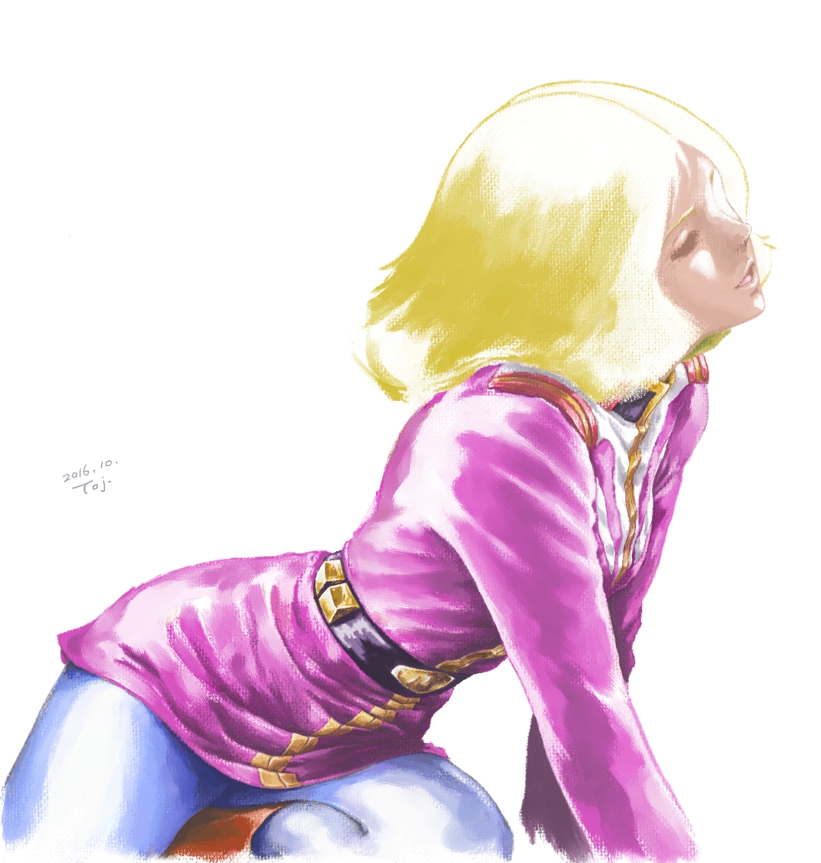 ayk-rs401i, sayla mass, gundam, mobile suit gundam, commentary request, highres, 1girl, 2016, blonde hair, closed eyes, cowboy shot, dated, earth federation, jacket, long sleeves, military uniform, pants, parted lips, pink jacket, short hair, u u, white pants