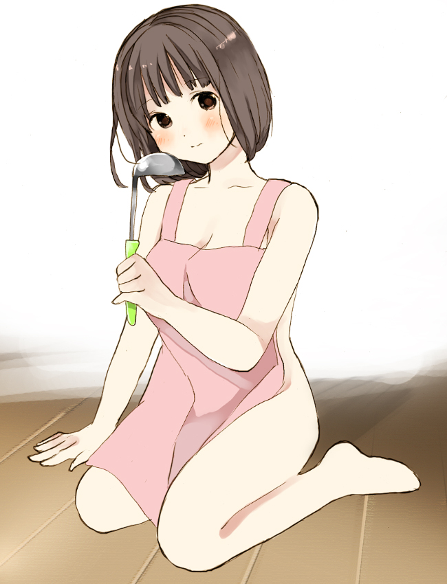 yoshioka mitsuko, touyoko momoko, saki (manga), bad id, bad pixiv id, 00s, apron, barefoot, blush, kneeling, ladle, naked apron, solo