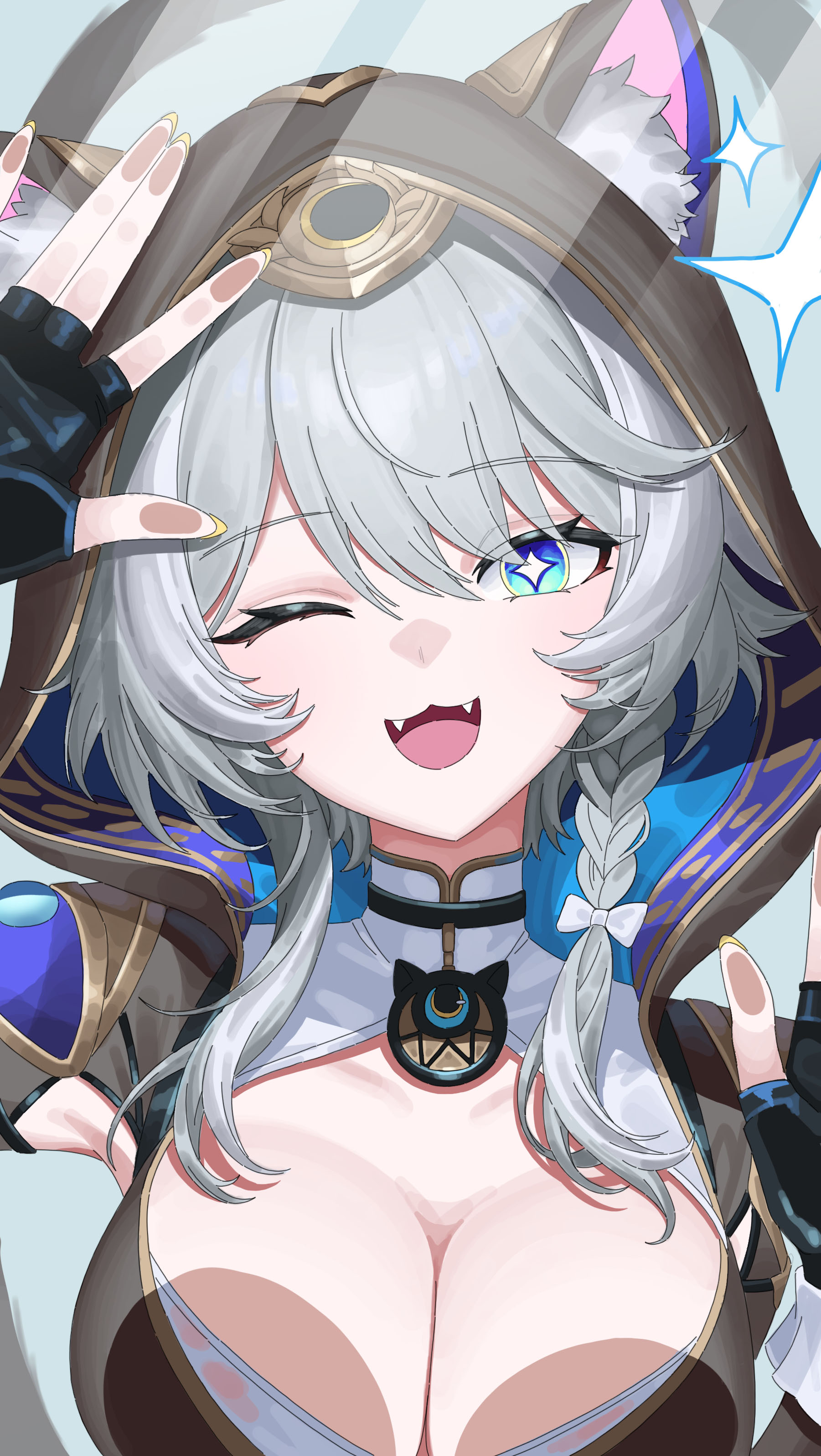 cheong seol, cipher (honkai: star rail), honkai: star rail, honkai (series), absurdres, commentary, highres, 1girl, animal ear fluff, animal ears, black gloves, blue eyes, bow, braid, breasts, bright pupils, cat ears, cat girl, cleavage, fangs, fingerless gloves, gloves, grey hair, hair bow, hood, hood up, large breasts, looking at viewer, one eye closed, open mouth, side braid, single braid, solo, sparkling eyes, upper body, white bow, white pupils