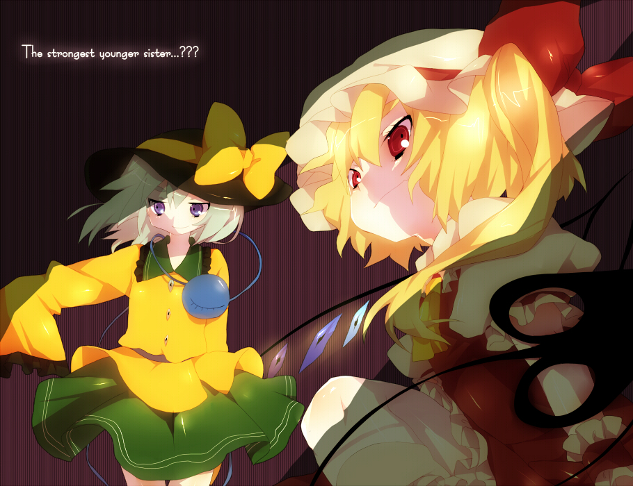 donacoo, yuuhi homare, flandre scarlet, komeiji koishi, touhou, bad id, bad pixiv id, 2girls, blonde hair, female focus, green hair, hat, multiple girls, purple eyes, red eyes, wings