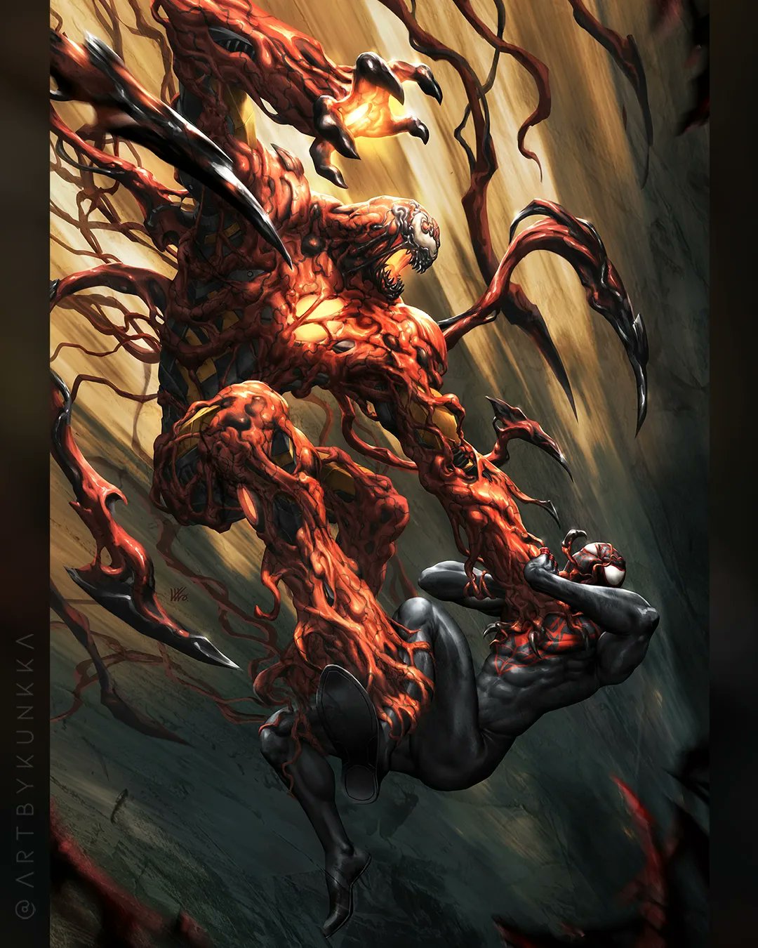 kunkka, carnage (marvel), miles morales, spider-man (miles morales), marvel, spider-man (series), comic cover, commentary, english commentary, highres, official art, 2boys, black bodysuit, bodysuit, covered abs, fighting, male focus, monster boy, multiple boys, muscular, muscular male, open mouth, sharp teeth, slime boy, spider web print, strangling, superhero costume, symbiote, teeth, tentacles, twitter username