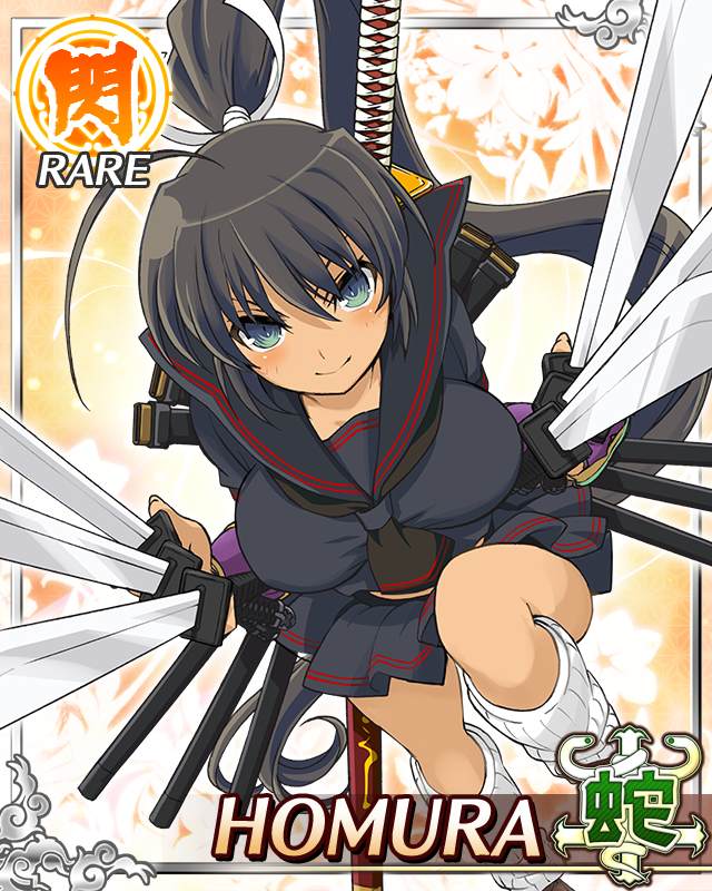 homura (senran kagura), senran kagura, senran kagura new wave, game cg, official art, third-party source, 1girl, ahoge, aqua eyes, arm guards, between fingers, black hair, black necktie, black sailor collar, black shirt, black skirt, border, breasts, card (medium), character name, closed mouth, dark-skinned female, dark skin, hebijo academy school uniform, high ponytail, holding, holding sword, holding weapon, katana, large breasts, leg warmers, long hair, multiple wielding, necktie, pleated skirt, ponytail, ribbon, sailor collar, school uniform, shirt, skirt, smile, solo, standing, standing on one leg, sword, sword on back, tan, very long hair, weapon, weapon on back, white ribbon