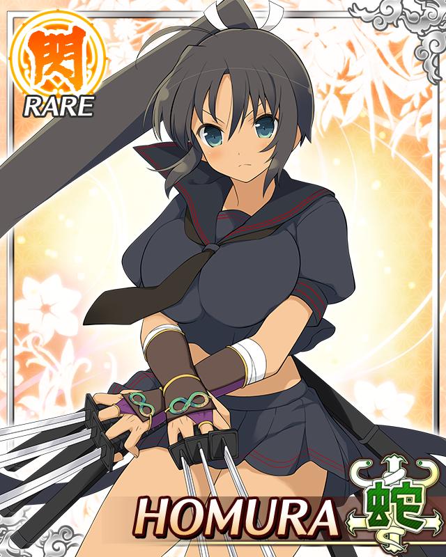 homura (senran kagura), senran kagura, senran kagura new wave, game cg, official art, third-party source, 1girl, ahoge, aqua eyes, arm guards, between fingers, black hair, black necktie, black sailor collar, black shirt, black skirt, border, breasts, card (medium), character name, closed mouth, crossed arms, dark-skinned female, dark skin, frown, hebijo academy school uniform, high ponytail, holding, holding sword, holding weapon, katana, large breasts, long hair, looking at viewer, midriff, multiple wielding, necktie, pleated skirt, ponytail, ribbon, sailor collar, school uniform, shirt, skirt, solo, sword, tan, very long hair, weapon, white ribbon