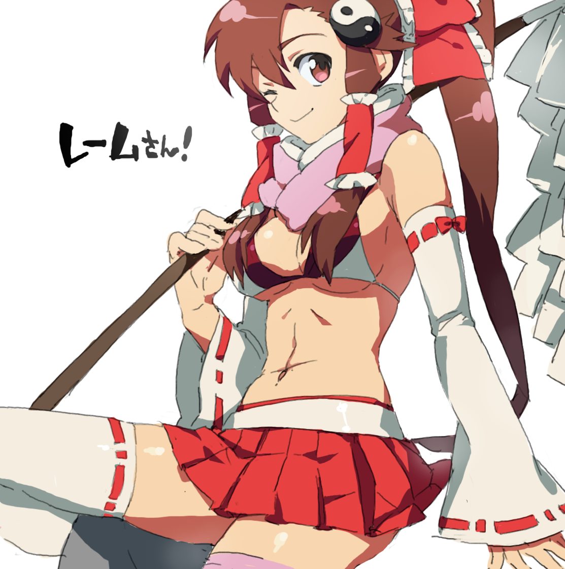 nishihara isao, teron, hakurei reimu, yoko littner, perfect cherry blossom, tengen toppa gurren lagann, touhou, bad id, bad pixiv id, 1girl, bikini, bikini top only, bow, breasts, cleavage, cosplay, detached sleeves, female focus, hair bow, hair ornament, hair tubes, hairclip, hakurei reimu (cosplay), japanese clothes, long hair, midriff, miko, miniskirt, one eye closed, ponytail, scarf, skirt, smile, solo, swimsuit, thighhighs, very long hair, wink