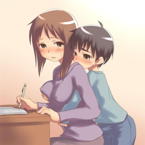 aaaa (quad-a), original, lowres, 1boy, 1girl, age difference, blush, breasts, brown eyes, brown hair, bulge, couple, covered erect nipples, erection, erection under clothes, grabbing another's breast, grabbing from behind, groping, hetero, incest, large breasts, mature female, mother and son, onee-shota, pen, penis, short hair, shota, sweat