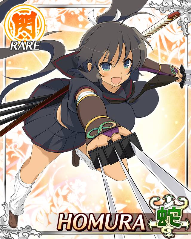 homura (senran kagura), senran kagura, senran kagura new wave, game cg, official art, third-party source, 1girl, :d, ahoge, aqua eyes, arm guards, between fingers, black hair, black necktie, black sailor collar, black shirt, black skirt, border, breasts, card (medium), character name, dark-skinned female, dark skin, hebijo academy school uniform, high ponytail, holding, holding sword, holding weapon, katana, large breasts, leg warmers, long hair, looking at viewer, multiple wielding, necktie, open mouth, pleated skirt, ponytail, ribbon, running, sailor collar, school uniform, shirt, skirt, smile, solo, standing, standing on one leg, sword, sword on back, tan, very long hair, weapon, weapon on back, white ribbon