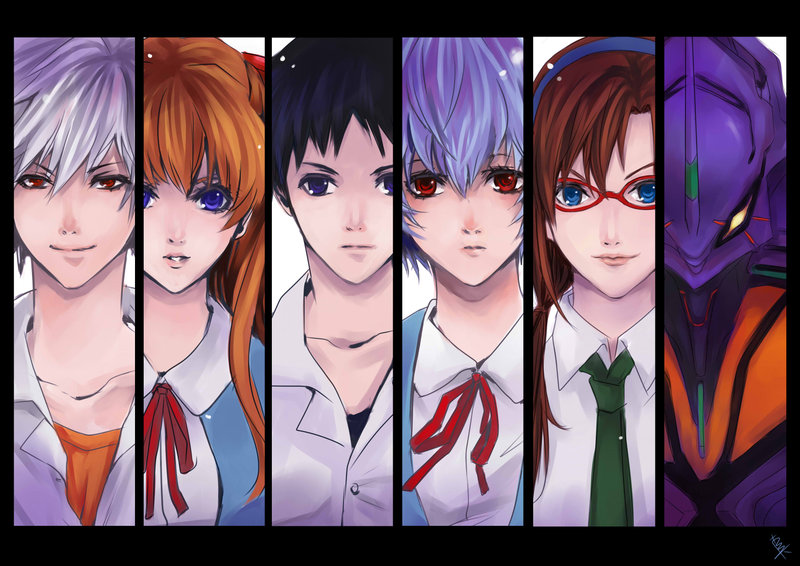 asakura misakichi, ayanami rei, eva 01, ikari shinji, makinami mari illustrious, nagisa kaworu, souryuu asuka langley, evangelion: 2.0 you can (not) advance, neon genesis evangelion, rebuild of evangelion, silver hair, bad deviantart id, bad id, 00s, 2boys, 3girls, bishounen, black hair, blue eyes, blue hair, brown hair, close-up, collarbone, column lineup, glasses, hairband, lineup, long hair, mecha, multiple boys, multiple girls, odd one out, orange hair, red eyes, robot, school uniform, short hair, smile