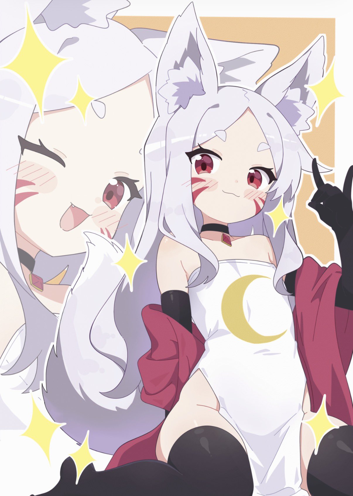 masakamea, shiro (sewayaki kitsune no senko-san), sewayaki kitsune no senko-san, commentary request, commission, highres, skeb commission, 1girl, :3, animal ear fluff, animal ears, bare shoulders, black choker, black gloves, black thighhighs, blush stickers, choker, closed mouth, collarbone, crescent print, dress, elbow gloves, facial mark, fang, flat chest, fox ears, fox girl, fox shadow puppet, fox tail, gloves, grey hair, long hair, looking at viewer, no shoes, one eye closed, open mouth, parted bangs, pelvic curtain, print dress, red eyes, red shawl, shawl, side slit, sidelocks, sitting, smile, solo, strapless, strapless dress, tail, thighhighs, very long hair, whisker markings, white dress, zoom layer