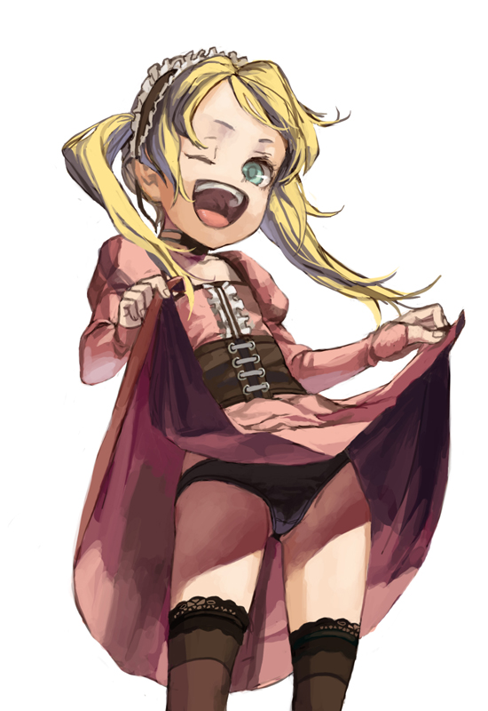 salamander (jonbonjovi82), original, 1girl, black panties, blonde hair, clothes lift, female focus, green eyes, loli, one eye closed, panties, pantyshot, skirt, skirt lift, solo, thighhighs, twintails, underwear, upskirt, wink