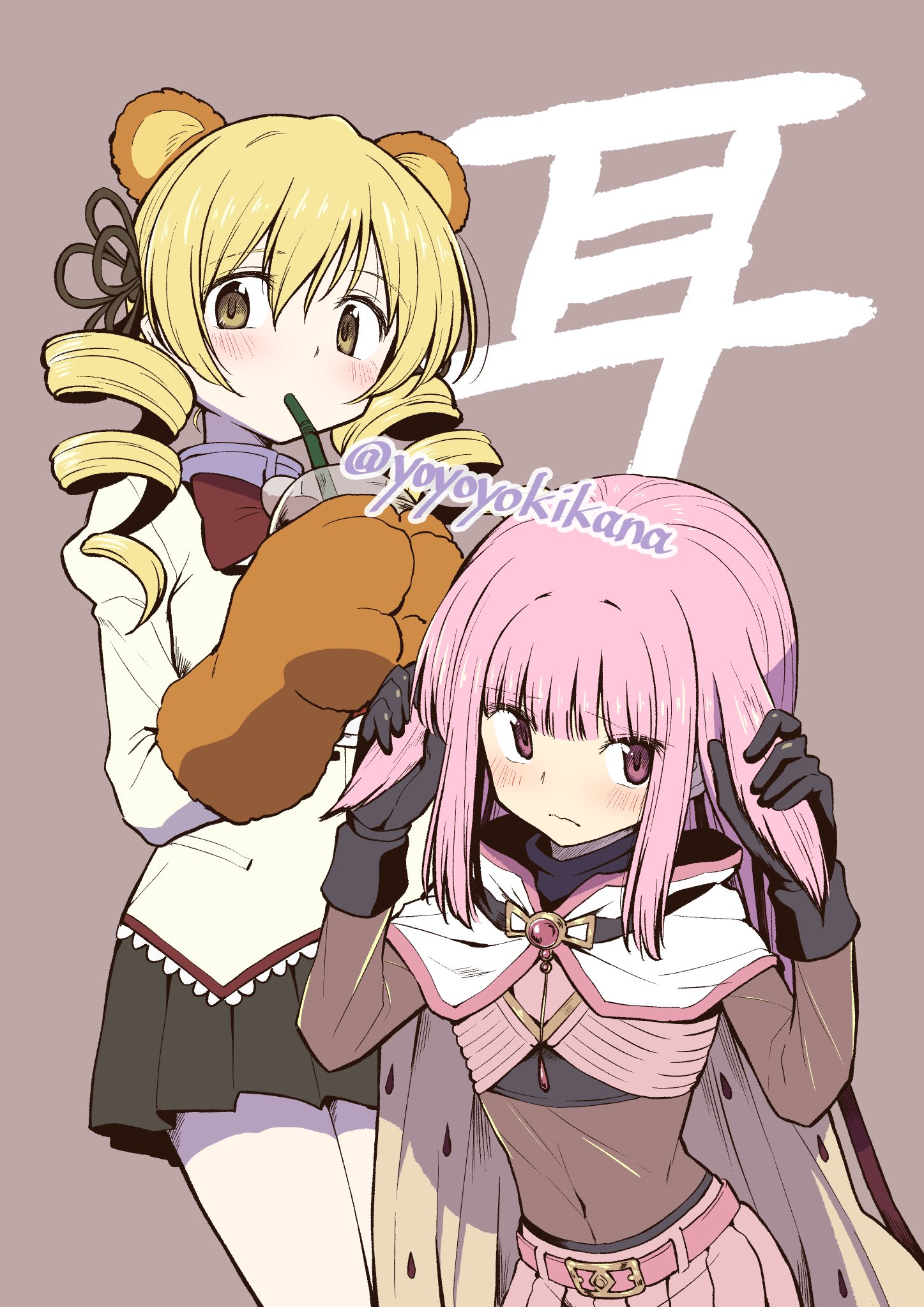 touyu (yuruyuruto), tamaki iroha, tomoe mami, magia record: mahou shoujo madoka magica gaiden, mahou shoujo madoka magica, mahou shoujo madoka magica (anime), mahou shoujo madoka magica magia exedra, commentary request, highres, animal ears, animal hands, anime coloring, artist name, bear ears, belt, belt buckle, black gloves, black shirt, black shorts, black skirt, blonde hair, blunt bangs, bodystocking, bow, bowtie, brown background, brown gloves, buckle, cloak, closed mouth, collared shirt, covered navel, crop top, cup, disposable cup, dot nose, drill hair, drink, drinking, drinking straw, embarrassed, fake animal ears, flower hairpin, frown, gloves, gold buckle, hair ears, hair over shoulder, hair undone, high collar, holding, holding drink, holding own hair, hood, hood down, hooded cloak, juliet sleeves, lace, lace-trimmed shirt, lace trim, layered shirt, light blush, long hair, long sleeves, magical girl, miniskirt, mitakihara school uniform, paw gloves, pink belt, pink eyes, pink hair, pink skirt, pleated skirt, pocket, puffy sleeves, red bow, red bowtie, school uniform, shirt, shorts, shorts under skirt, simple background, skirt, standing, tareme, turtleneck, turtleneck shirt, twin drills, very long hair, white cloak, yellow eyes, yellow shirt