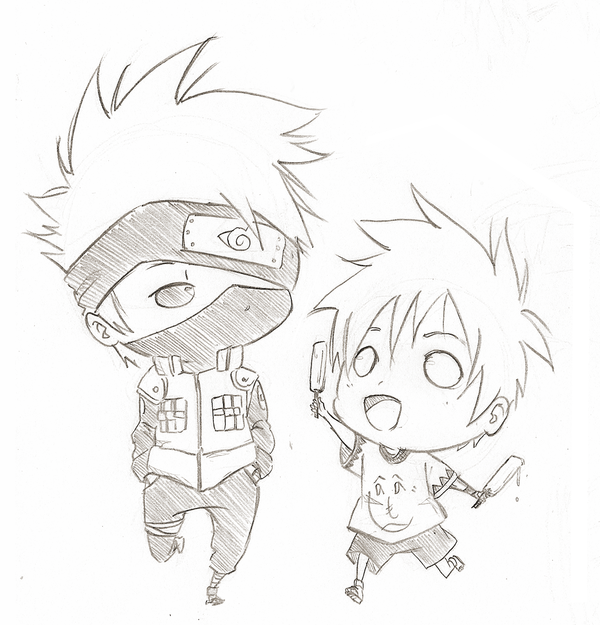 hatake kakashi, naruto (classic), naruto (series), artist request, traditional media, 2boys, chibi, multiple boys