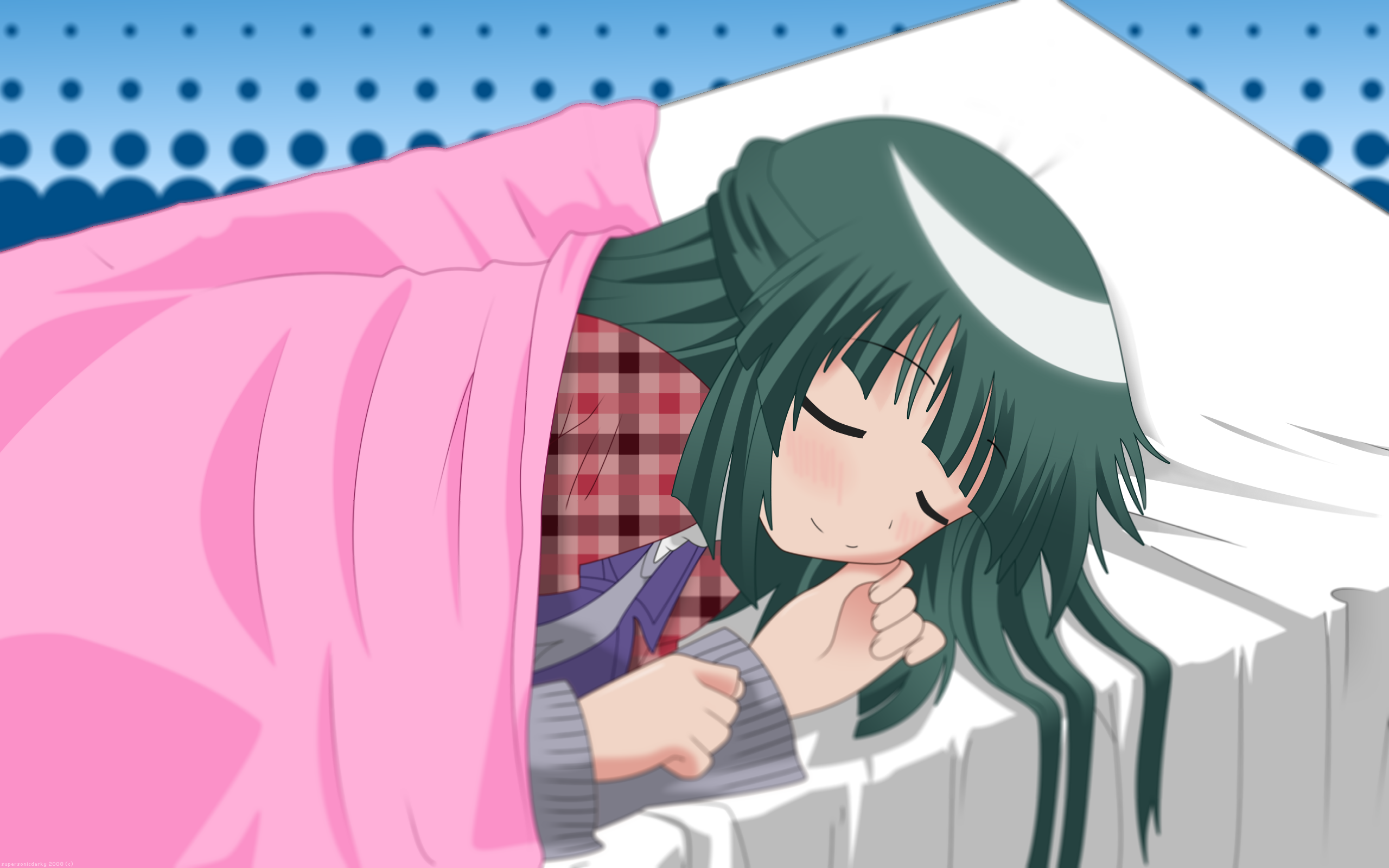 supersonicdarky, yoshinoya (hidamari sketch), hidamari sketch, highres, 00s, 1girl, bed, green hair, long hair, sleeping