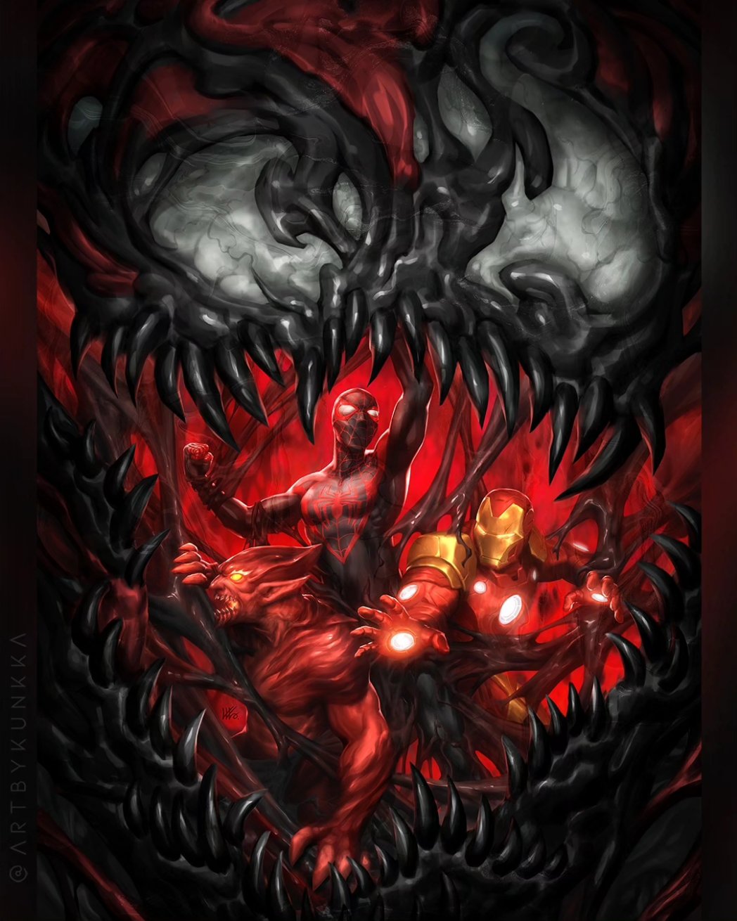 kunkka, carnage (marvel), iron man, miles morales, norman osborn, spider-man, spider-man (miles morales), tony stark, iron man (series), marvel, spider-man (series), spider-verse, comic cover, commentary, english commentary, highres, official art, 4boys, arc reactor, armor, black bodysuit, bodysuit, male focus, monster boy, multicolored armor, multiple boys, muscular, muscular male, pointy ears, power armor, red armor, red goblin (marvel), sharp teeth, slime boy, spider web print, superhero costume, symbiote, teeth, twitter username, yellow armor