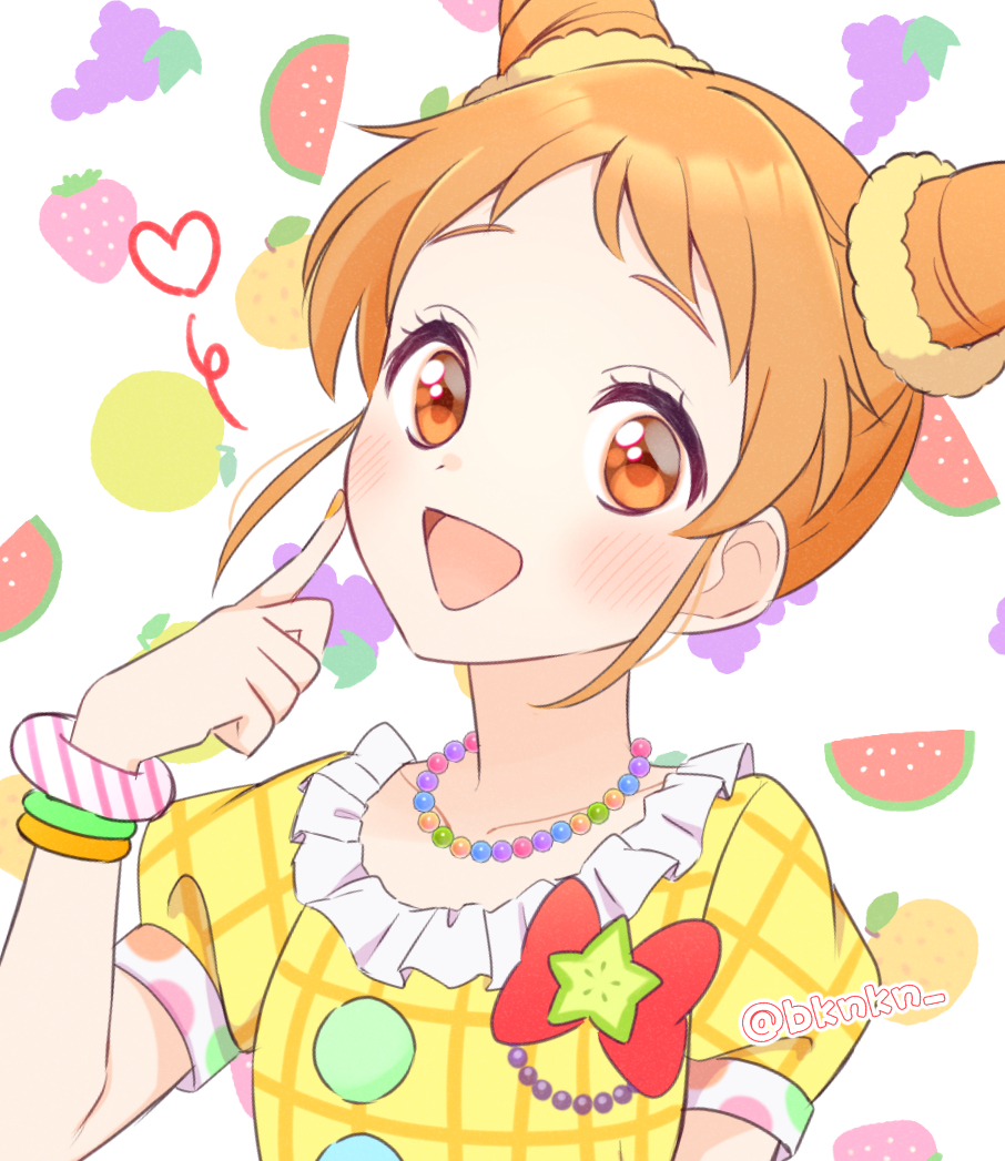 arisugawa otome, aikatsu!, aikatsu! (series), commentary request, 1girl, :d, bead necklace, beads, bow, bracelet, brown eyes, cone hair bun, double bun, finger to cheek, food, fruit, fruit background, grapes, hair bun, hand up, heart, jewelry, kinakona, looking at viewer, nail polish, necklace, open mouth, orange hair, puffy short sleeves, puffy sleeves, red bow, short bangs, short hair, short sleeves, smile, solo, star (symbol), strawberry, twitter username, upper body, watermelon, watermelon slice