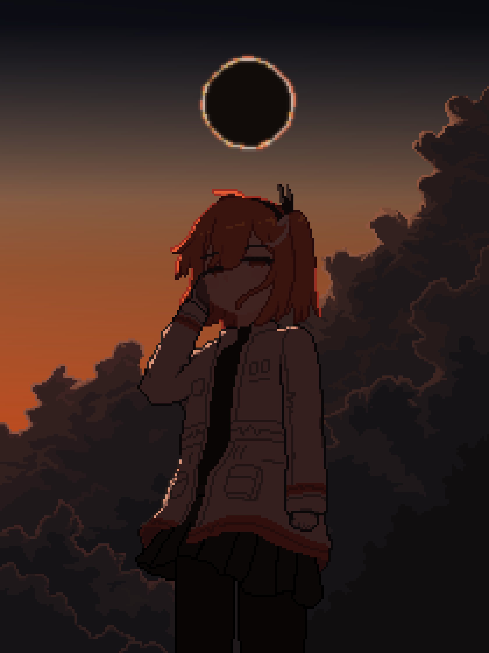 melit, adachi rei, a.i. voice, netsu ijou (utau), utau, hashtag-only commentary, highres, 1girl, black pantyhose, black shirt, black skirt, clenched hand, closed mouth, cloud, cloudy sky, dim lighting, eclipse, gloves, hair ribbon, half-closed eyes, holding, holding walkie-talkie, jacket, long sleeves, looking at viewer, medium hair, one side up, open clothes, open jacket, orange eyes, orange hair, pantyhose, pixel art, pleated skirt, radio antenna, ribbon, shirt, skirt, sky, solar eclipse, solo, walkie-talkie, white gloves, white jacket, white ribbon