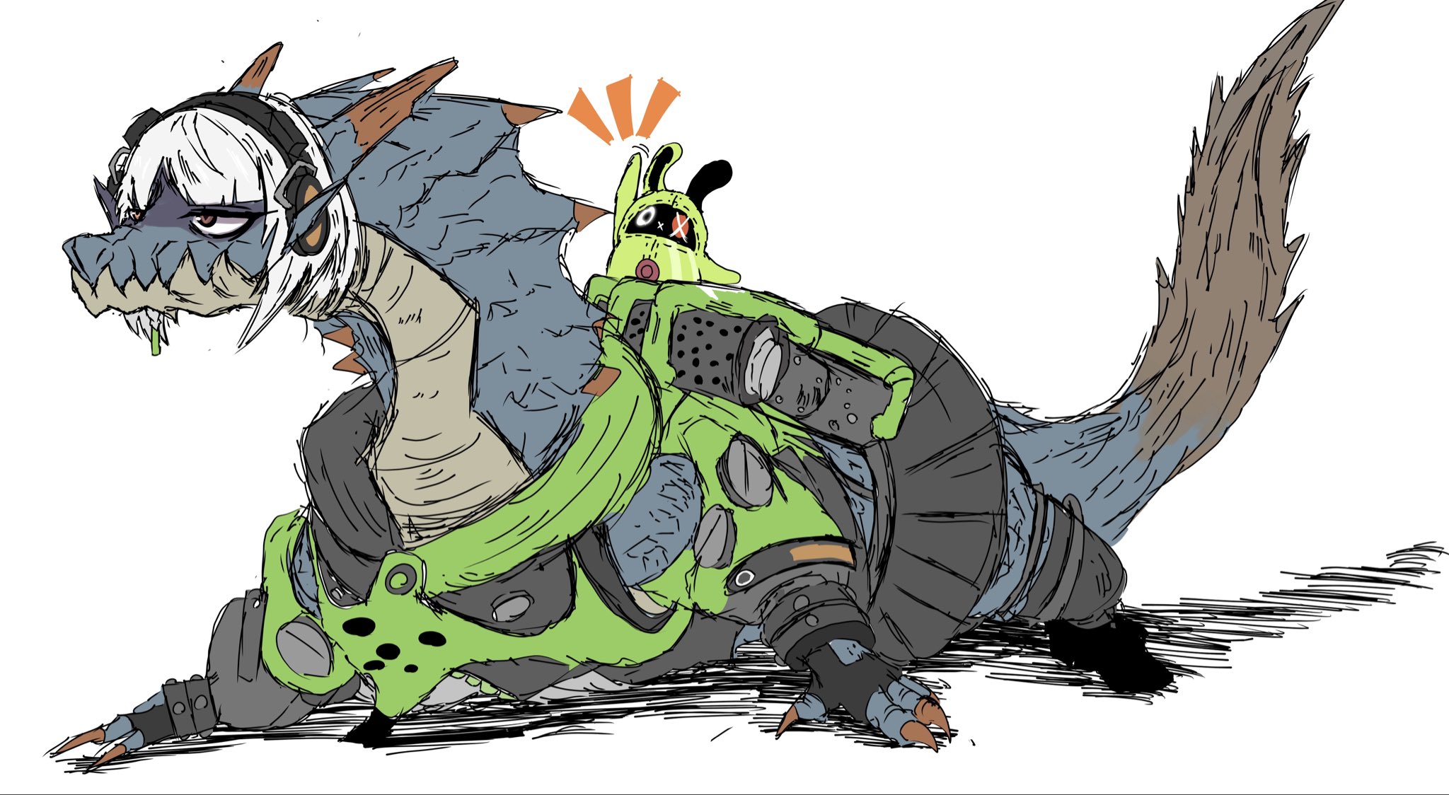 amillion (zenless zone zero), anby demara, bangboo (zenless zone zero), lagiacrus, monster hunter (series), zenless zone zero, commentary request, highres, anby demara (cosplay), animal ears, black gloves, black skirt, black thighhighs, blue scales, claws, cosplay, fingerless gloves, gloves, green jacket, headphones, hinata (sangeki0822), horns, jacket, monster, multicolored sleeves, no humans, orange eyes, rabbit ears, scales, sharp teeth, short hair, simple background, skirt, tail, teeth, thighhighs, white background, white hair