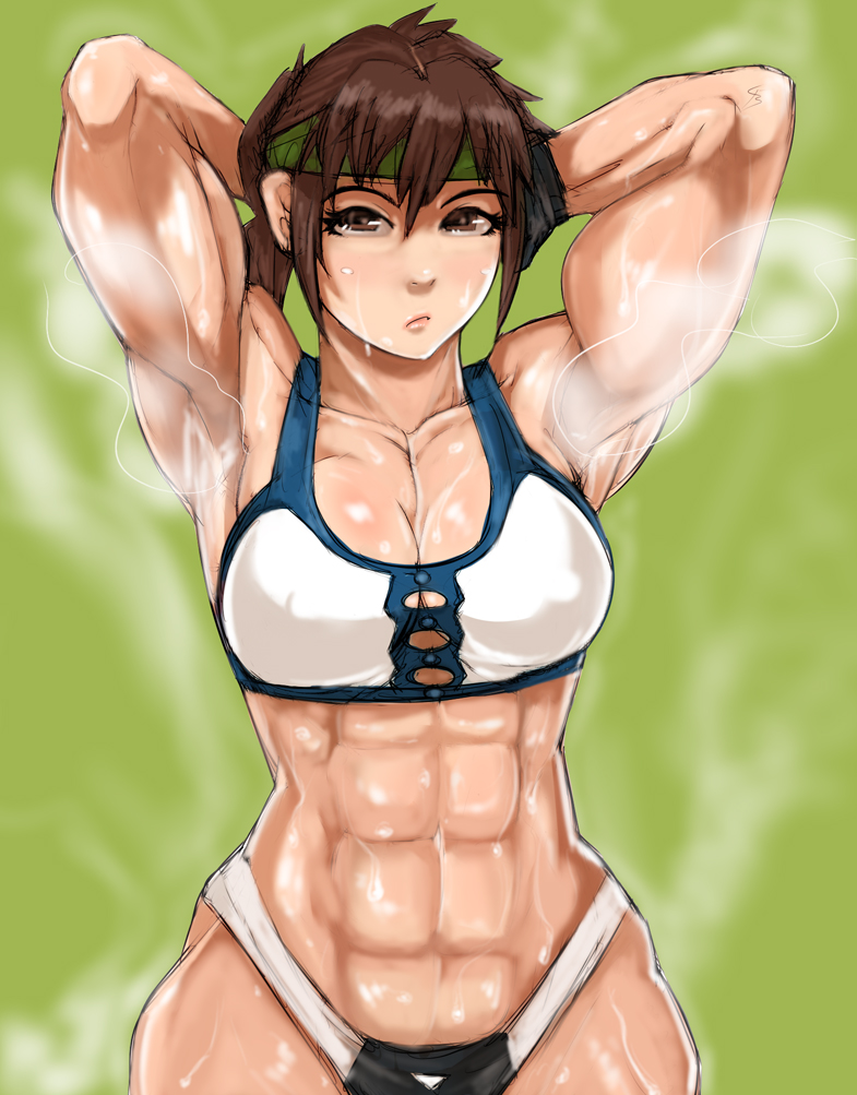 zangi, daimon akiko, taisen hot gimmick, taisen hot gimmick 4ever, 1girl, abs, armpits, arms behind back, arms behind head, arms up, bra, breasts, brown eyes, brown hair, cleavage, frown, hair between eyes, headband, large breasts, lingerie, looking at viewer, muscular, panties, payot, ponytail, shiny skin, short hair, simple background, smell, solo, sports bra, sportswear, standing, steam, sweat, underwear, wide hips