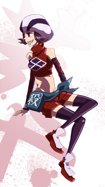 bonanza (artist), kunoichi (sengoku musou), sengoku musou, 1girl, bare shoulders, elbow gloves, female focus, full body, gloves, grin, hat, midriff, purple hair, red eyes, short hair, shorts, sitting, smile, solo, thighhighs, white background