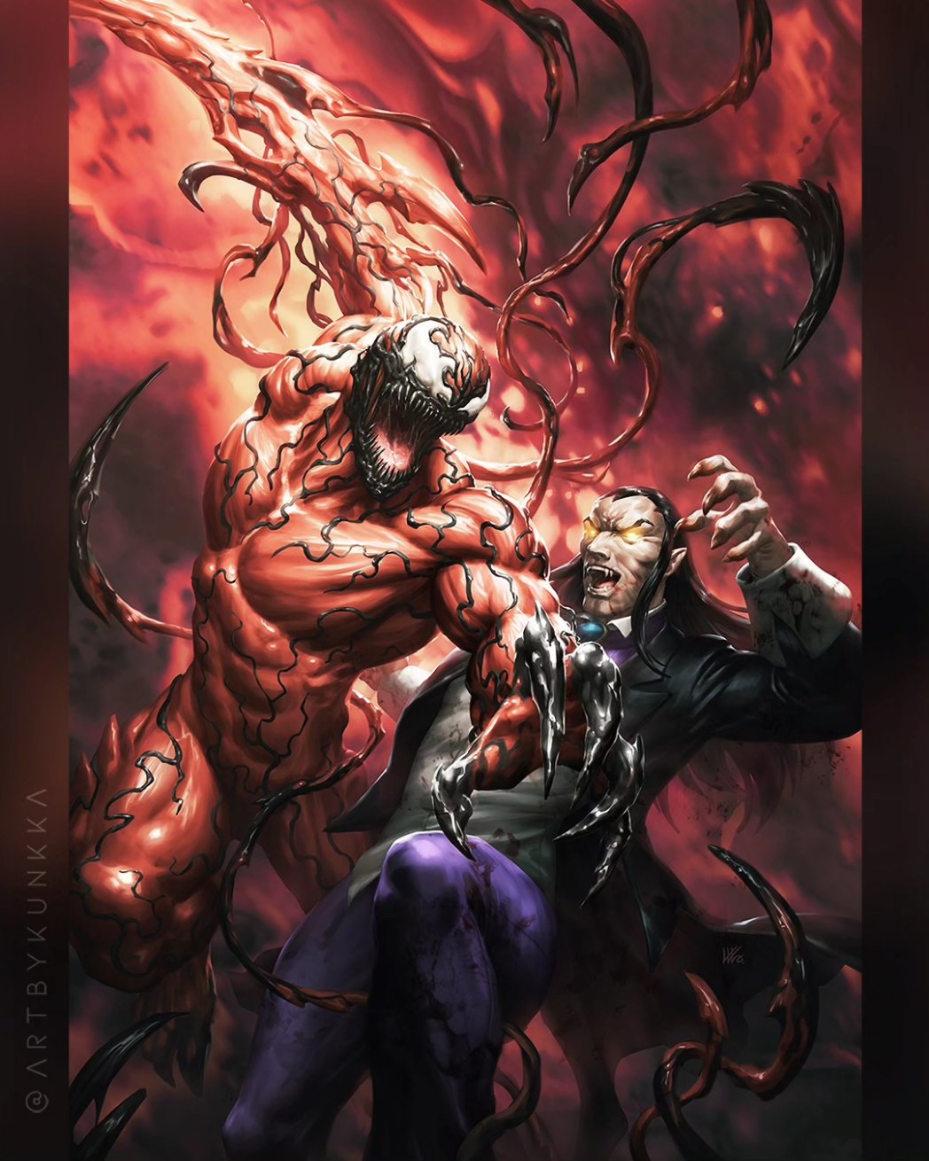 kunkka, carnage (marvel), marvel, spider-man (series), character request, comic cover, commentary, english commentary, highres, official art, 2boys, black hair, black jacket, fangs, fighting, glowing, glowing eyes, grey vest, hair slicked back, jacket, male focus, monster boy, multiple boys, muscular, muscular male, no pupils, open mouth, pants, pointy ears, purple pants, sharp teeth, slime boy, symbiote, teeth, twitter username, vampire, vest