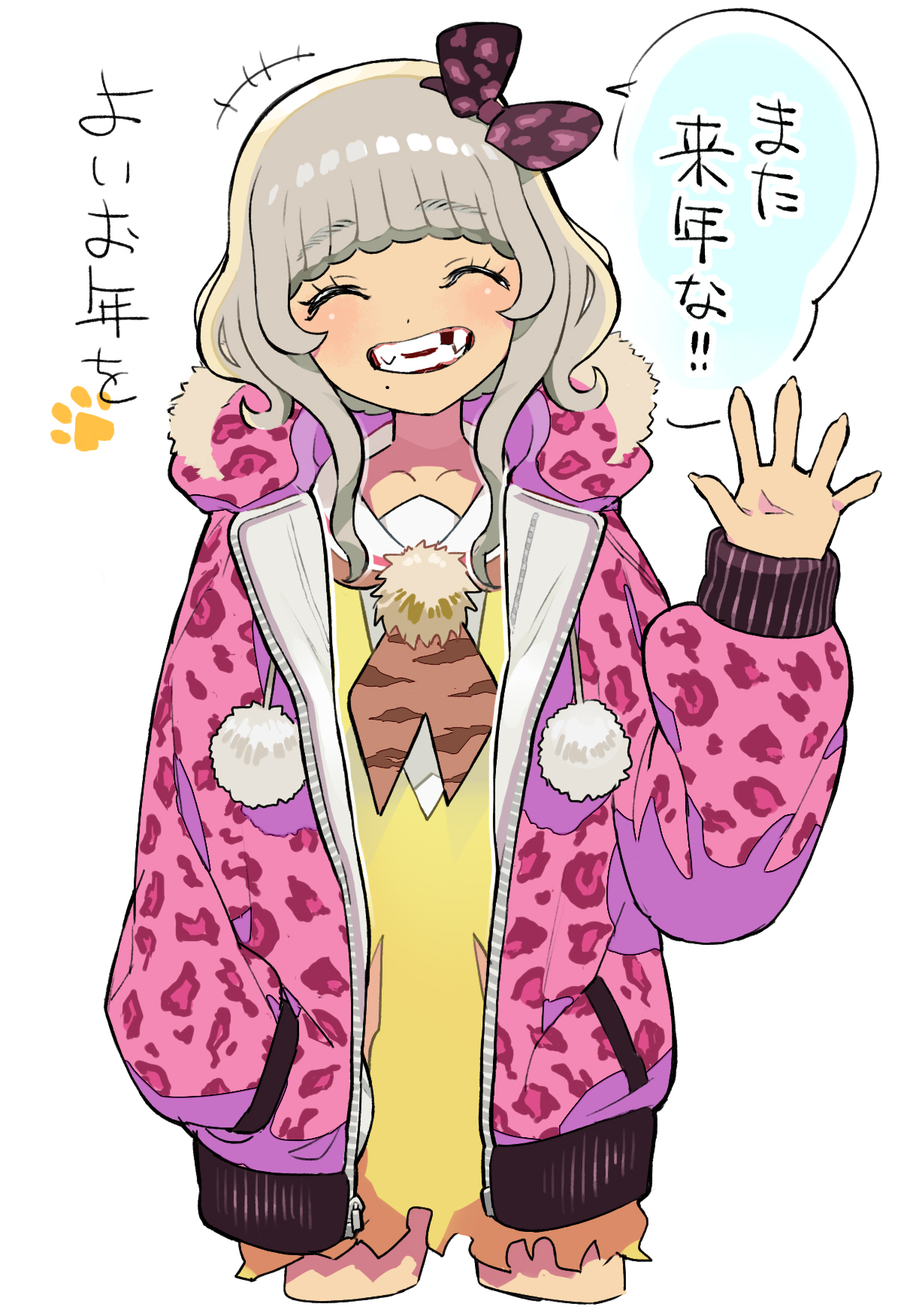 moudoku (decopon3rd), taiyo pepper, pretty series, pripara, commentary request, highres, translation request, 1girl, ^ ^, animal print, bow, broken tooth, brown neckerchief, closed eyes, dress, facing viewer, grey hair, grin, hair bow, hand in pocket, happy new year, jacket, leopard print, long sleeves, neckerchief, new year, open clothes, open jacket, open mouth, paprika private academy school uniform, paw print, pink jacket, print jacket, school uniform, short dress, short hair, simple background, smile, solo, speech bubble, torn clothes, torn dress, waving, white background