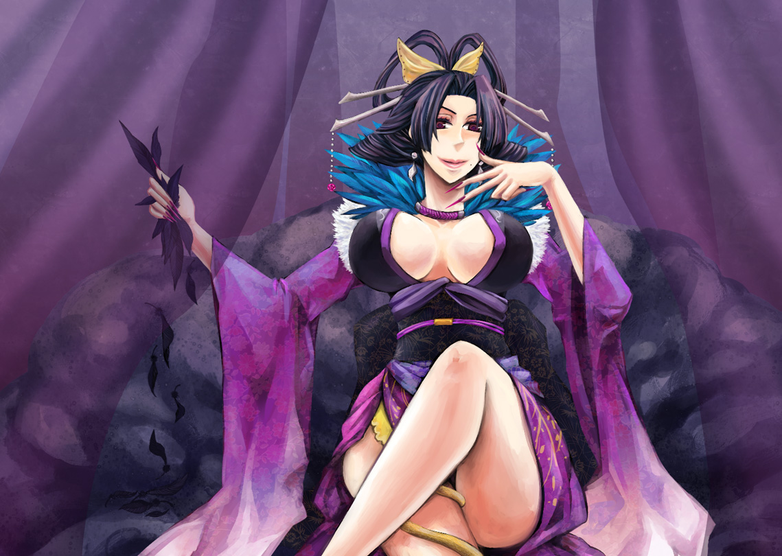 bonanza (artist), no (sengoku musou), sengoku musou, 1girl, black hair, breasts, cleavage, crossed legs, dress, earrings, female focus, hair ornament, huge breasts, jewelry, long hair, mole, purple eyes, sitting, solo