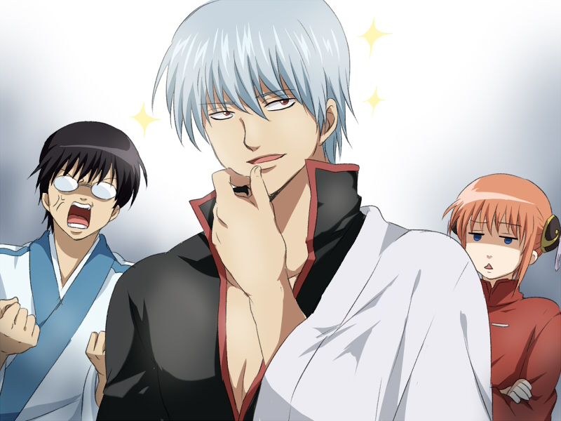 maruki (punchiki), kagura (gintama), sakata gintoki, shimura shinpachi, gintama, silver hair, bad id, 00s, 1girl, 2boys, alternate hairstyle, anger vein, angry, black hair, blue eyes, bun cover, double bun, glasses, japanese clothes, multiple boys, red eyes, shaded face