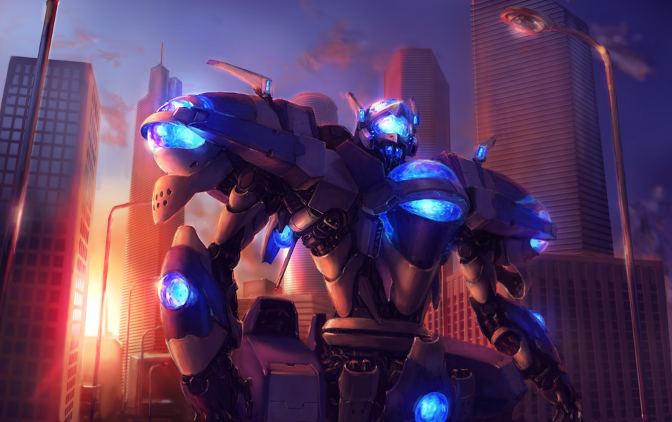 yutori (clockwork chicken), original, tagme, building, lamppost, mecha, realistic, robot, sunset