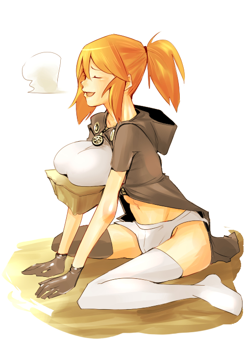 aguhari, tenjuin marie, psyren, bad id, bad pixiv id, 1girl, aged up, breast rest, breasts, female focus, floating, gloves, jewelry, kneeling, large breasts, pendant, ponytail, shorts, sigh, solo, thighhighs